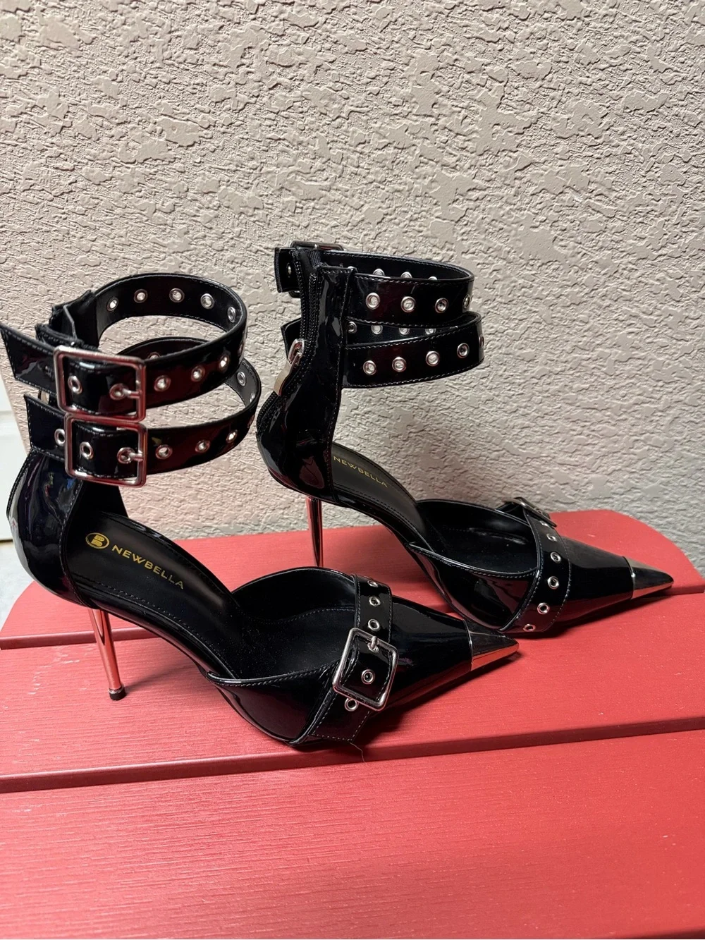 Black Patent Pointed Toe Studded Ankle-Strap Heels NEW